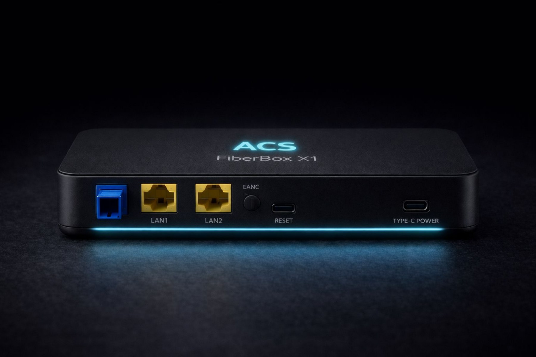 ACS FiberBox X1 desktop ONU, front view showing the SC optical port, LAN1 and LAN2 Gigabit ports, reset button, USB Type-C power input and the illuminated power light bar